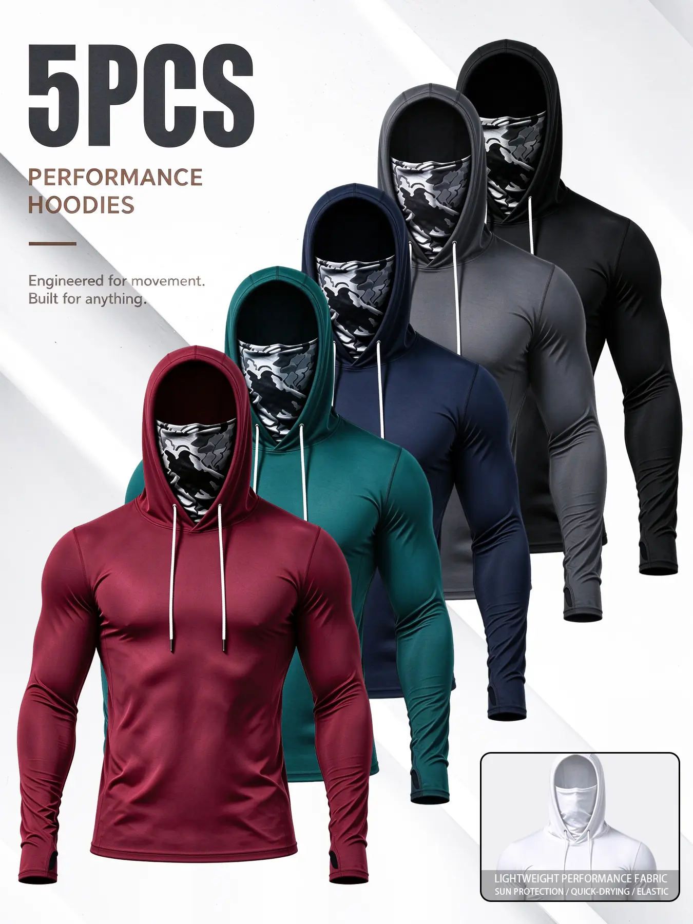 Men's 5-Pack UPF 50+ UV-Protective Windproof Hoodie Athletic Apparel - Quick-Dry, Stretch, Breathable Activewear Long-Sleeve Shirt with Built-in Face Mask, Thumb Holes, All Seasons for Outdoor Hiking, Biking, Construction Work