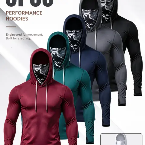 Men's 5-Pack UPF 50+ UV-Protective Windproof Hoodie Athletic Apparel - Quick-Dry, Stretch, Breathable Activewear Long-Sleeve Shirt with Built-in Face Mask, Thumb Holes, All Seasons for Outdoor Hiking, Biking, Construction Work