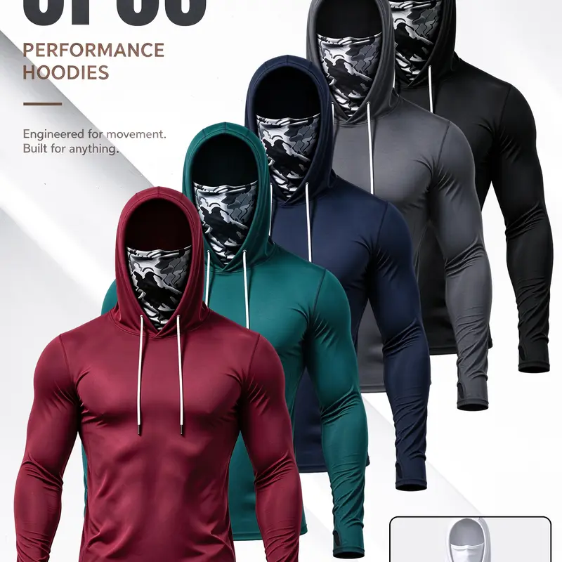 Men's 5-Pack UPF 50+ UV-Protective Windproof Hoodie Athletic Apparel - Quick-Dry, Stretch, Breathable Activewear Long-Sleeve Shirt with Built-in Face Mask, Thumb Holes, All Seasons for Outdoor Hiking, Biking, Construction Work