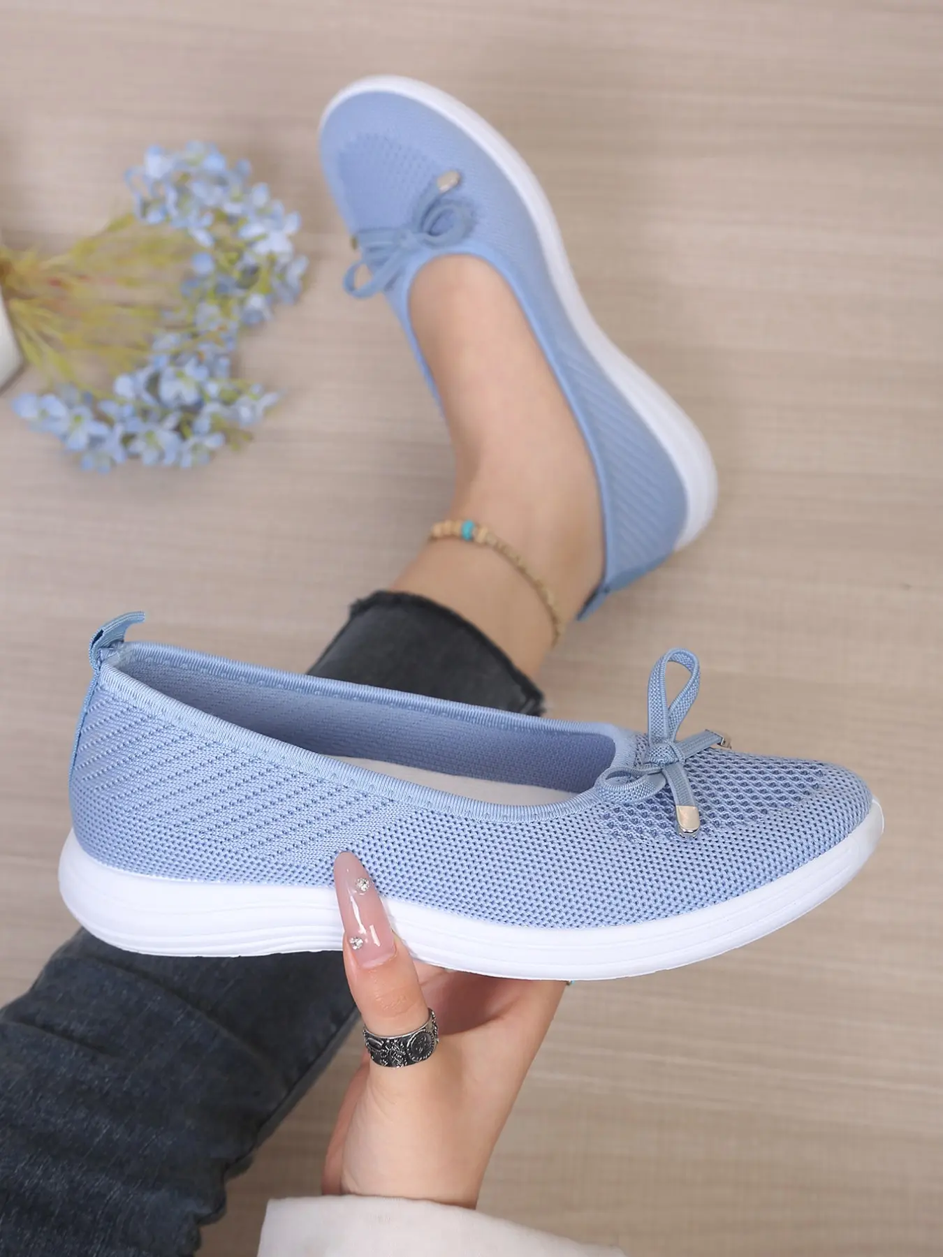 Butterfly Knot Summer Mesh Knit Breathable Mary Jane Shoes, No Tie Shoes, Soft Sole Casual Slip-On Lazy Person Shoes, Low Heel Mom Walking Shoes Women Footwear