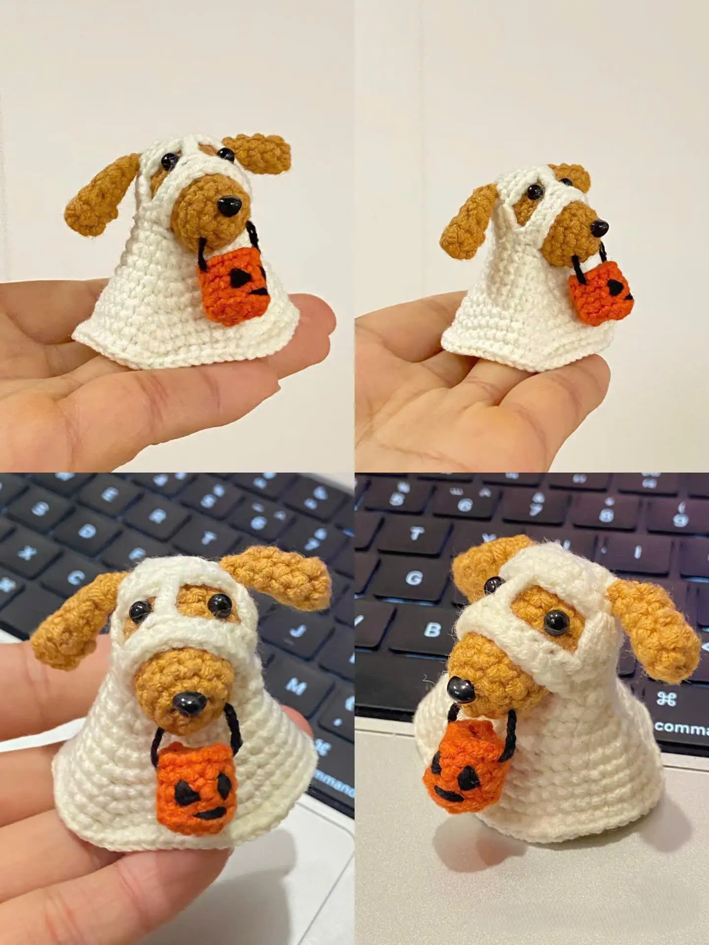 Crochet Ghost Dog with Pumpkin Basket – Cute Halloween Amigurumi Plush, Trick or Treat Home Decor, Halloween Decor, Handmade Dog Lover Gift