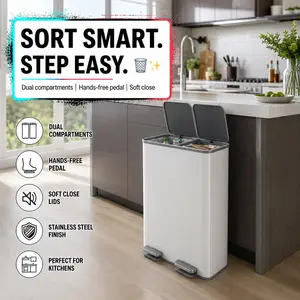 Double Kitchen Trash Can Stainless Steel - 16 Gallon Dual Compartment Step-On Garbage & Recycling Bin - Soft-Close Lid, Removable PP Inner Buckets, Liner Rim - Large Capacity - Grayish-White summervibes