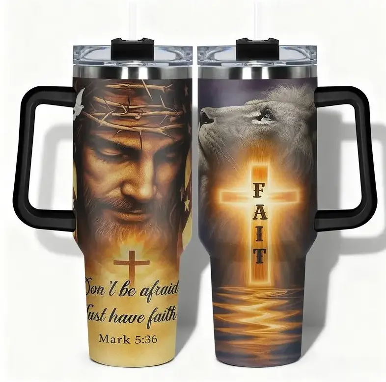 [Christian Faith Style] Lion & Jesus Inspired Double Wall Stainless Steel Insulated Tumbler (20oz/40oz) with Handle, Leakproof Vacuum Drinkware Gift for Men, Gym & Travel Cup with Christian Artwork