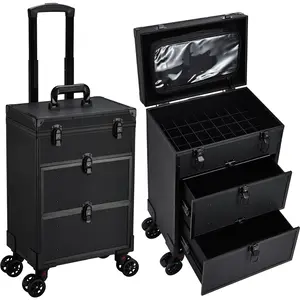 Joligrace Rolling Makeup Train Case Professional Cosmetic Trolley Nail Polish Organizer with 2 Large Drawers, Makeup Pouch for Artists Nail Technician Salon Cart Trunk Black