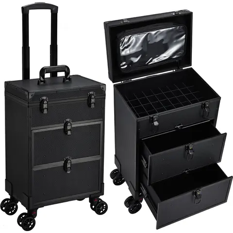Joligrace Rolling Makeup Train Case Professional Cosmetic Trolley Nail Polish Organizer with 2 Large Drawers for Artists Nail Technician Salon Cart Trunk Black