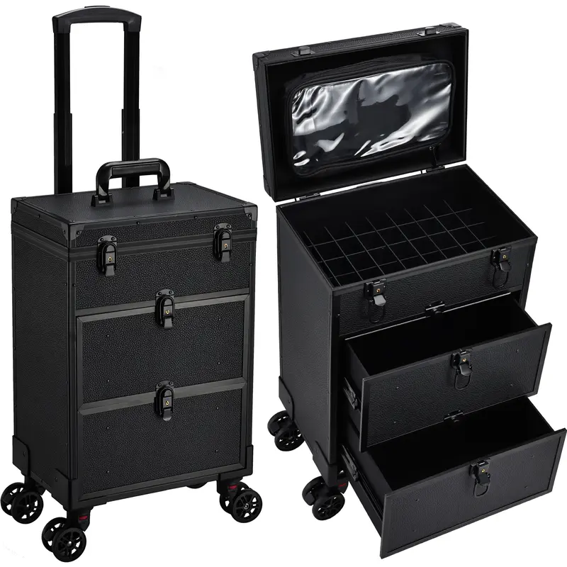 Joligrace Rolling Makeup Train Case Professional Cosmetic Trolley Nail Polish Organizer with 2 Large Drawers for Artists Nail Technician Salon Cart Trunk Black