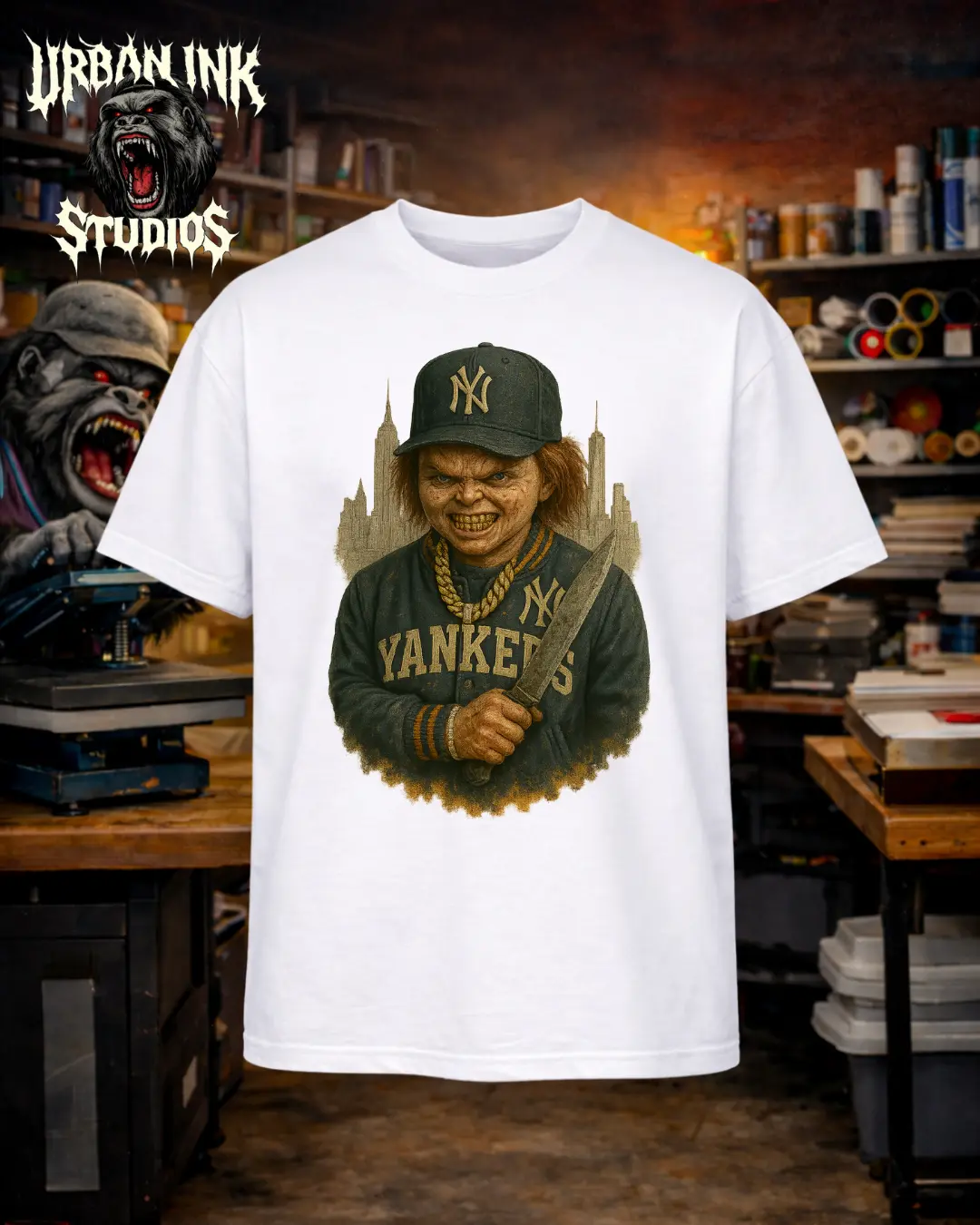 Horror doll sports 80s new york graphic t shirt