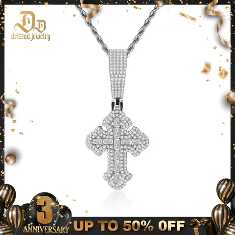 Delzzad 14K Gold-Plated Iced Out Calvary Pendant Baguette Cross Pendant Necklace Chain D Color VVS Synthetic Moissanite Necklace Jewelry Perfect Birthday Engagement Wedding Anniversary Mother's Day Christmas Valentine's Day Gifts