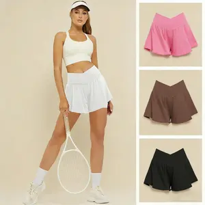 Crossover Athletic Shorts for Women 2 in 1 Flowy Running Shorts with Pockets, Spandex Butterfly Workout Shorts, Solid Color Tennis Skorts