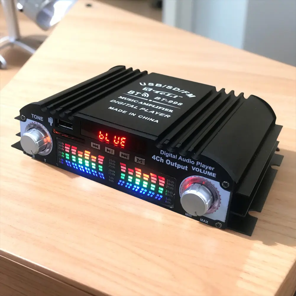 Black 4-Channel Digital HIFI Car Audio Stereo Amplifier - 1600W Peak Power, FM Radio, USB, Bluetooth, Remote Control, Karaoke Compatible, Smartphone-Compatible, Plastic & Aluminium Construction, Car Amplifiers, Cars Accessories