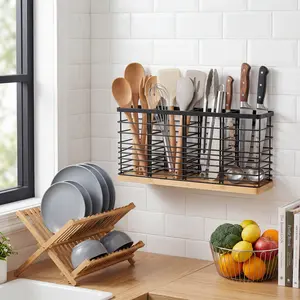 4-Grid Kitchen Utensil Holder, Black Iron Wire Organizer with Base, Countertop & Wall Mount Cooking Tool Caddy, 15.7×7.1×4.3" Large Capacity, Black