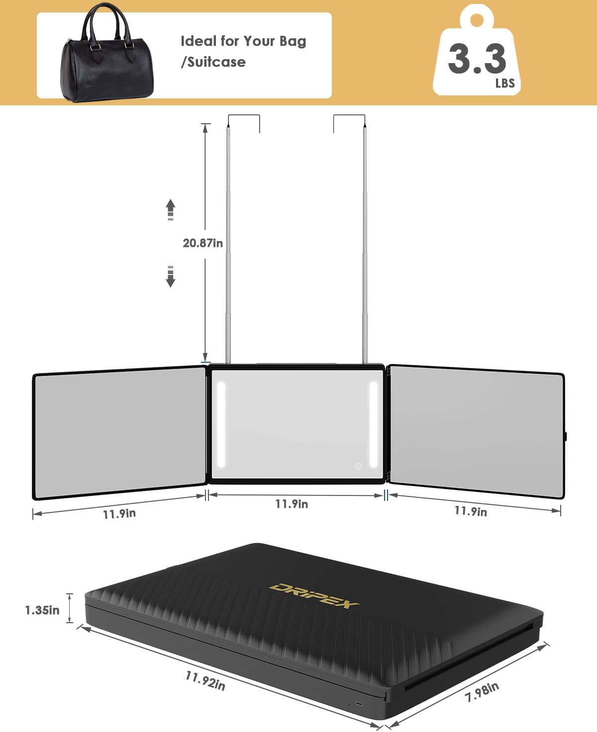 Umitec Adjustable LED Light 3 Way Mirror, Portable Trifold Mirror for Shaving, Grooming, Hair Styling, Dye Hair, Makeup, Braiding, 360 Degree Mirror