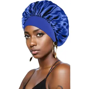 Satin Bonnets for Sleeping Women Men Silk Bonnet with Soft Elastic Wide Band Breathable Sleep Cap for Natural Curly Hair Braids ROYAL-BLUE  Haircare Heatless