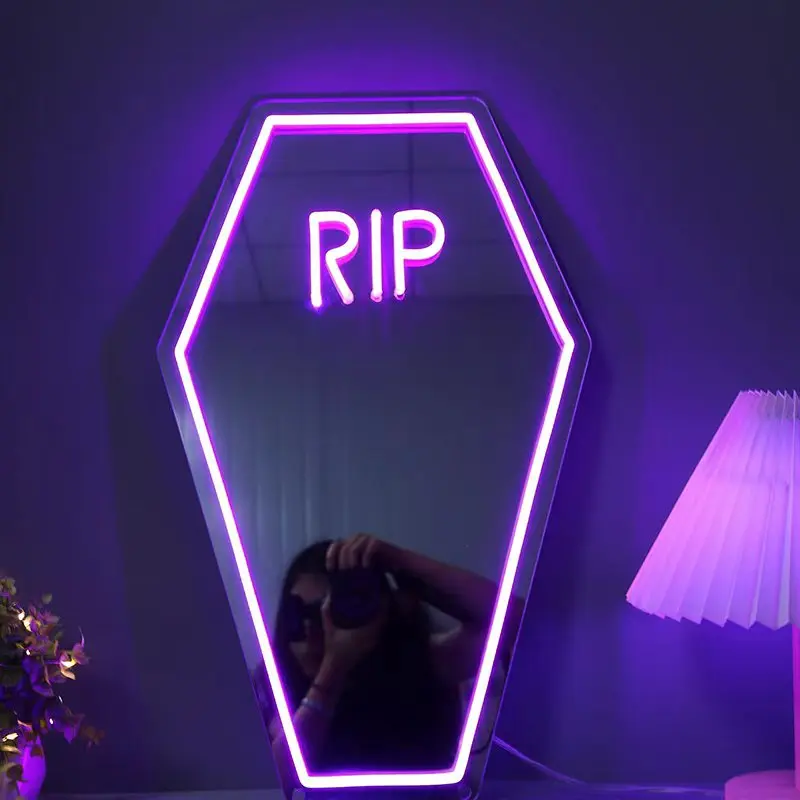 Rip Mirror Neon Light, Decorative Neon Light, Led Neon Lights, Led Neon Sign, Led Lighted Neon Lamps, Adjustable Brightness LED Wall Art Lamp, USB Powered Makeup Mirror for Halloween Party Decoration
