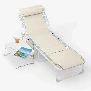 [TOP RATED - FLASH SALE] Garvee 3-in-1 Tanning Chair, Folding Outdoor Lounge Chair with Face Hole, Side Table, 5-Position Reclining Backrest & Pillow, Portable Beach Chair for Pool, Patio & Garden, Beige