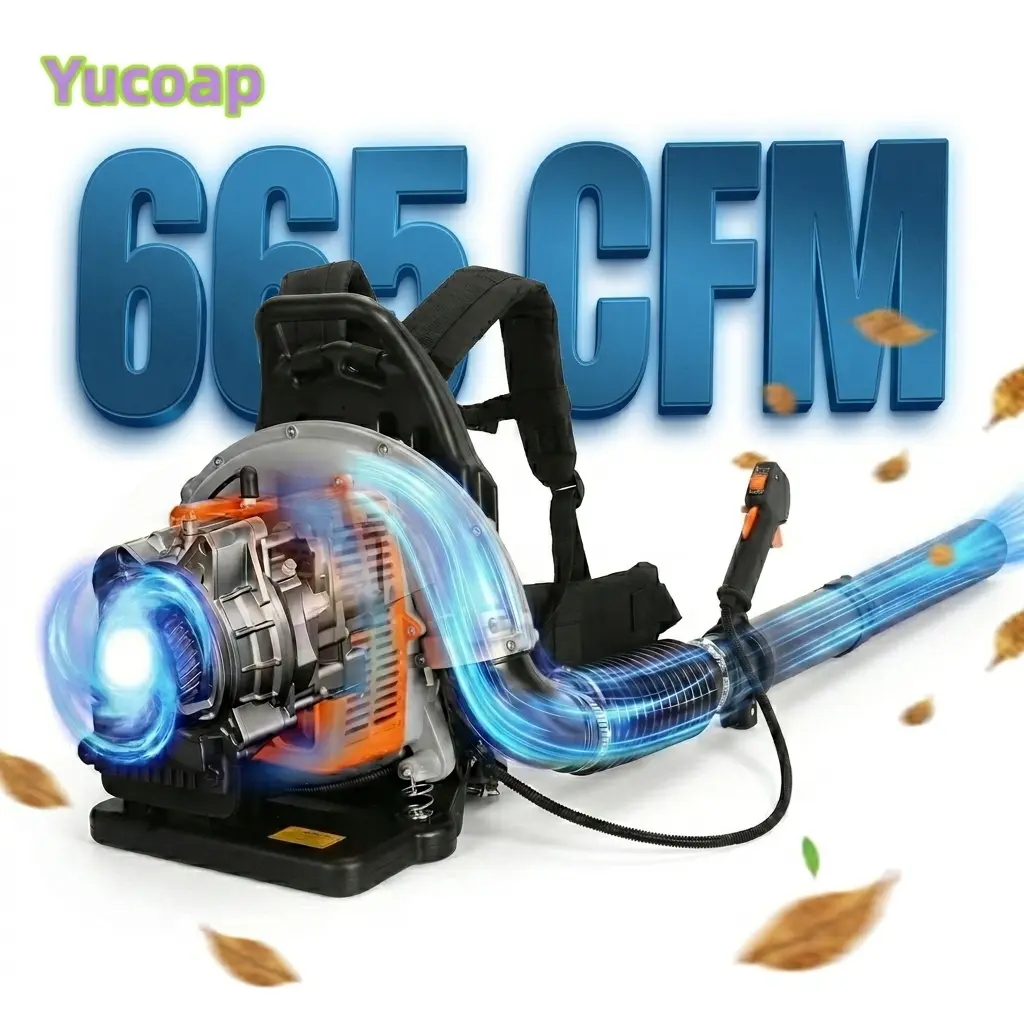 YUCOAP 63CC 2-Stroke Gas Powered Backpack Leaf Blower, Super Power 665 CFM Tool with Steel Wire Trimmer Head & Turbo Fan, Durable Easy-Start for Yardwork & Leaf Removal, Super Power Blower