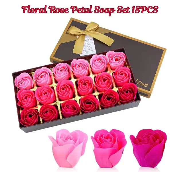 Floral Rose Petal Soap Set 18PCS, Scented Bath Soap with Essential Oils, Pink Flower Soap Gift for Women, Girls & Mom, Birthday & Self Care Gift Set