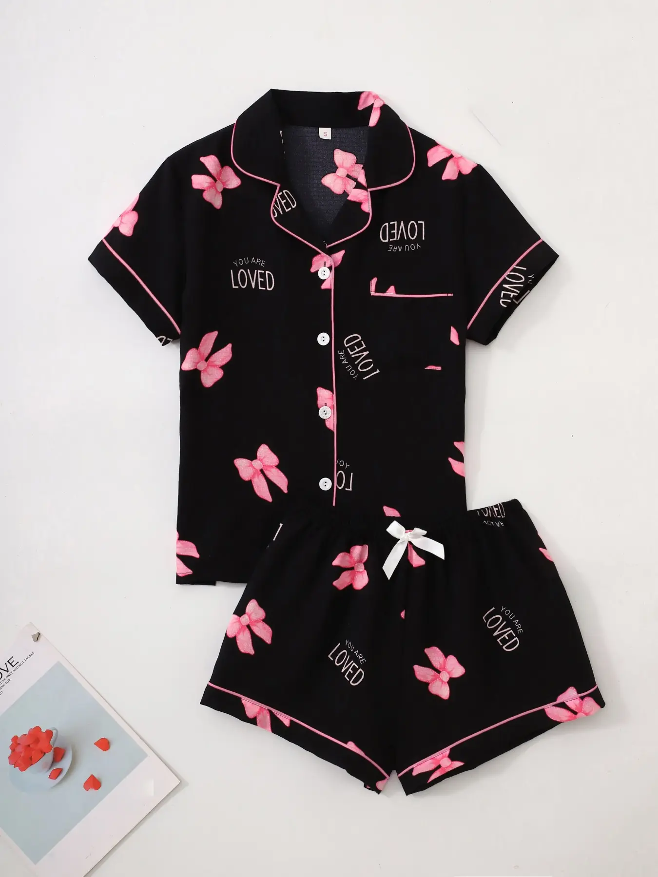Women's Bow & Letter Print Pajama Two-piece Set, Casual Comfy Lightweight Thin Woven Fitted Short Sleeve Shirt Tops & Shorts Pj Set, Ladies Summer Sleepwear Loungewear, Shirt Shorts Pyjama