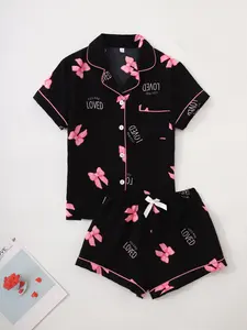 Women's Bow & Letter Print Pajama Two-piece Set, Casual Comfy Short Sleeve Shirt & Shorts Pj Set, Ladies Summer Sleepwear