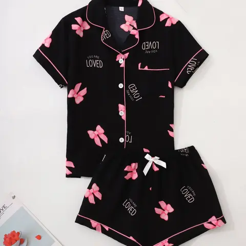 Women's Bow & Letter Print Pajama Two-piece Set, Casual Comfy Short Sleeve Shirt & Shorts Pj Set, Ladies Summer Sleepwear Loungewear