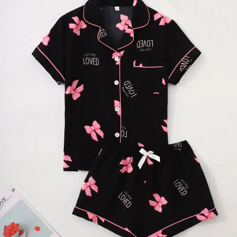 Women's Bow & Letter Print Pajama Two-piece Set, Casual Comfy Short Sleeve Shirt & Shorts Pj Set, Ladies Summer Sleepwear Loungewear