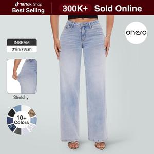 Magic ONESO Mid-low Rise Baggy Jeans Stretchy Wide Leg for Women Distressed Pants Womenswear Bottom 8001 Lady Basic Minimalist Comfortable Denim Tummy Control Curve Hugging Plus Size Regular Size BBL Spring Fashion Daily Outfits