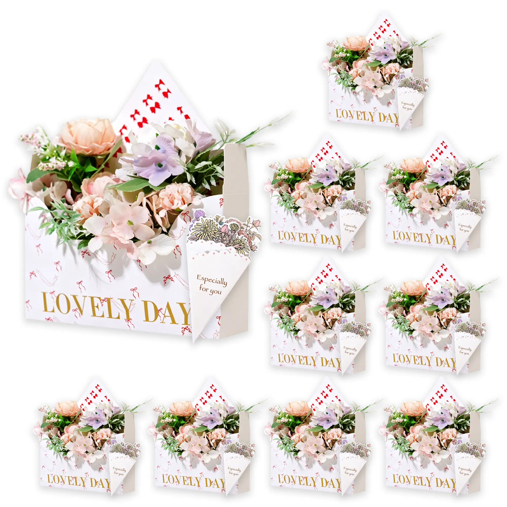 Amalee 10-Piece White Flower Bouquet Cardboard Envelope Boxes with Greeting Cards, Fade-Proof Premium Packaging Paper Packet Flower Bundle Party Gifts for Happy Birthday & Graduation (Home/Festive Supplies)