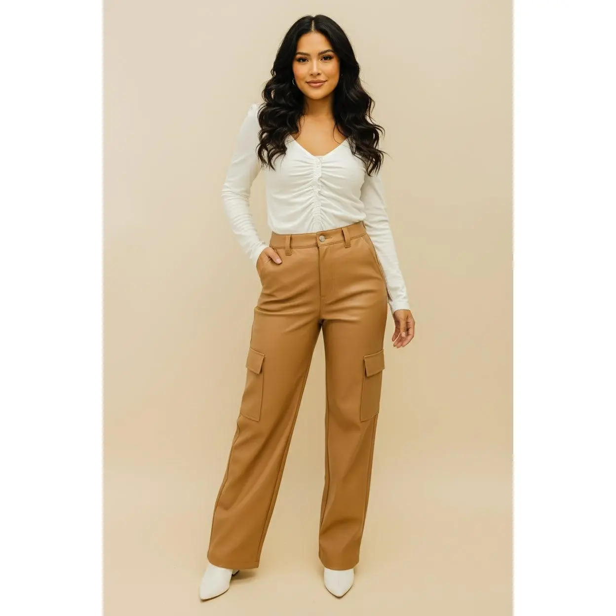 Women's Cassie High-Waisted Utility Pants, Straight Leg Style in Almond for Casual Daily Wear, Available in Multi-Size