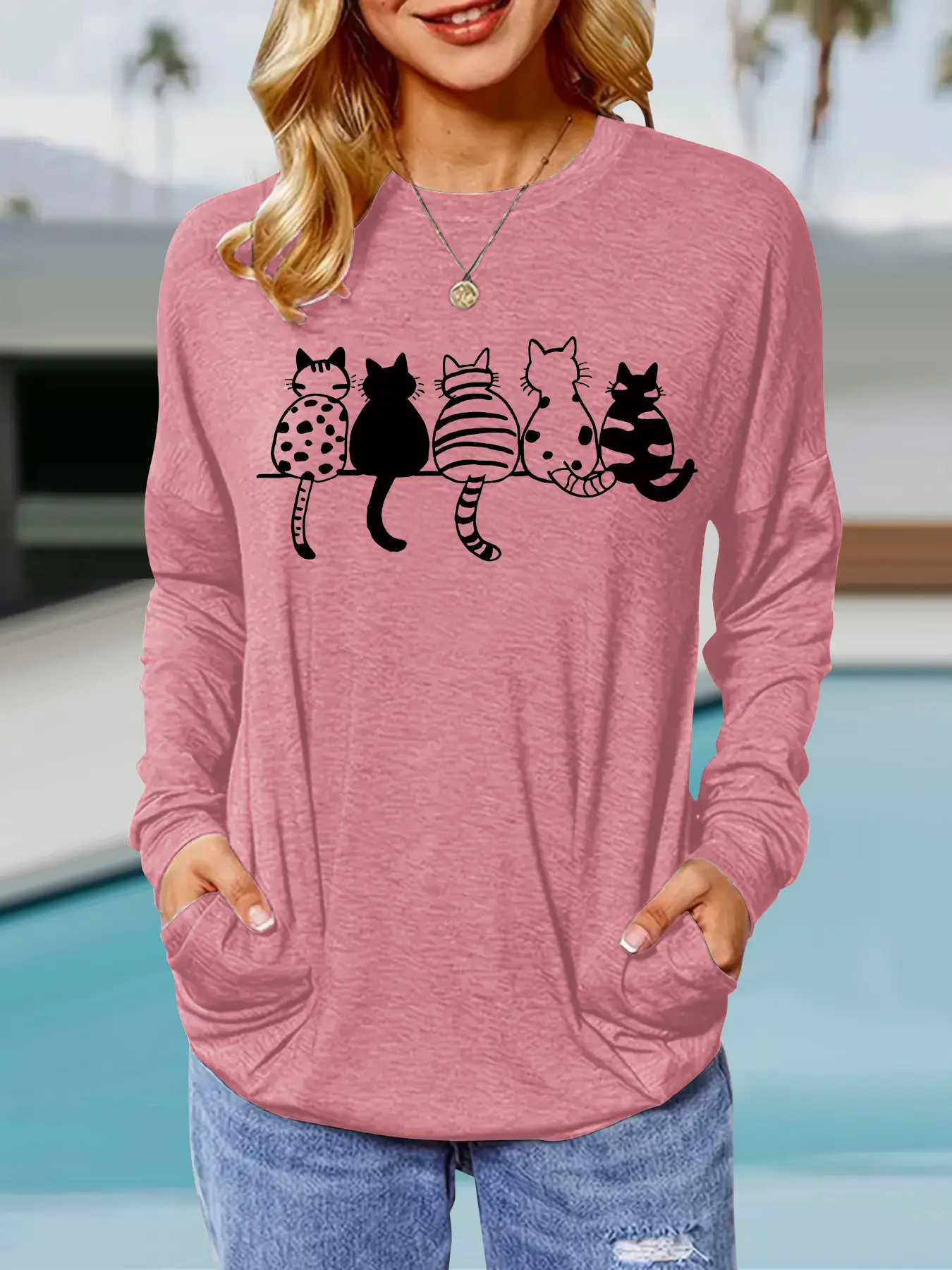Women's Cute Cat Print Round Neck Long Sleeve Knitted Pullover, Loose-Fit Oversized Aesthetic Casual Top for Spring & Fall, Comfortable Breathable Everyday Wear Knitwear, Casual Pullover Tops