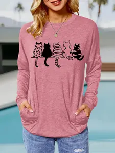 Women's Cute Cat Print Round Neck Long Sleeve Knitted Pullover, Loose-Fit Aesthetic Casual Top for Spring & Fall, Comfortable Breathable Daily Wear Knitwear