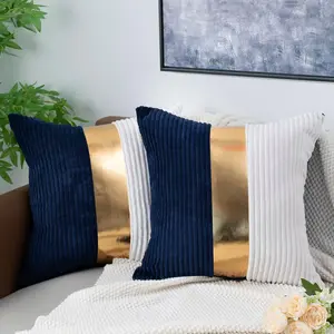 Navy Blue and Cream White Boho Striped Corduroy Throw Pillow Covers with  Leather Patchwork 18x18 Inch, Pack of 2, Double-Sided, Soft Spring Decorative Pillows for Couch and Living Room
