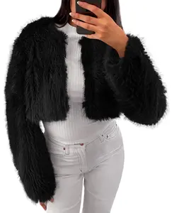 FMEYOA Women's Fashion Cropped Faux Fur Jacket Long Sleeve Open Front Cardigan Casual Fluffy Parka Shaggy Short Coat