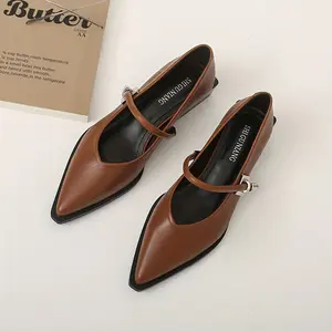 Elegant Mary Jane Flats for Women - Spring 2025 Collection, Pointed Toe, Chunky Low Heel, Faux Cover in Black,Brown,White,Rubber Classy