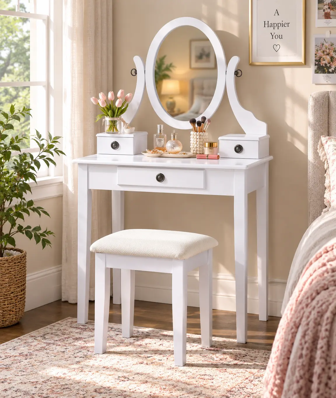 SAVEYOUR White Wooden Dressing Table Vanity Set with Stool, Modern Indoor Bedroom Furniture