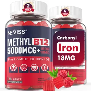 Methyl B12 Vitamins 5000mcg Gummies and Iron 18mg for Women and Men Active Methylated B Complex Supplement with L-Methylfolate B6 D3 for Energy Cognition Focus and Immune Support B12 with Iron Supplement 2 Pack for Vitality and Health Support