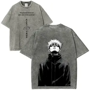 Jujutsu Kaisen Satoru Gojo Anime Graphic Tee, Vintage Acid Wash Unisex T-Shirt, Anime OOTD show Honored One Six Eyes Top, Oversized Y2K Grunge Harajuku Hip Hop Streetwear Clothes for Men and Women