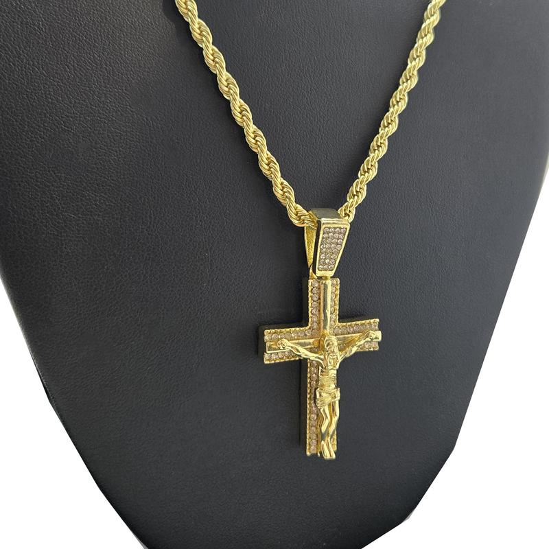 Crucifixion of Jesus Cross & Last Supper Iced Cubic Zirconia Pendant & 4mm 24" Rope Chain Necklace Jewelry for Men, Women, Unisex