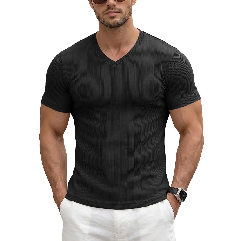 AGILELIN Men's Soft Ribbed Short-Sleeve T-Shirt, Stretchy Fitted Crew Neck Rib Knit Top for Daily Casual, Gym Menswear (Beige), Tops