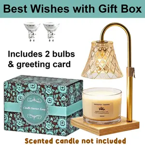 Chic High-End Gold Diamond Grid Glass Candle Warmer Lamp Timer Adjustable Height Safe Flameless Natural Wood Base Mom Birthday Holiday Gift