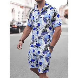 Men's 2-Piece Tropical Print Outfit | Blue Palm Leaf & Leopard Print Cuban Collar Shirt & Elastic Drawstring Shorts, Summer Vacation Beach Wear