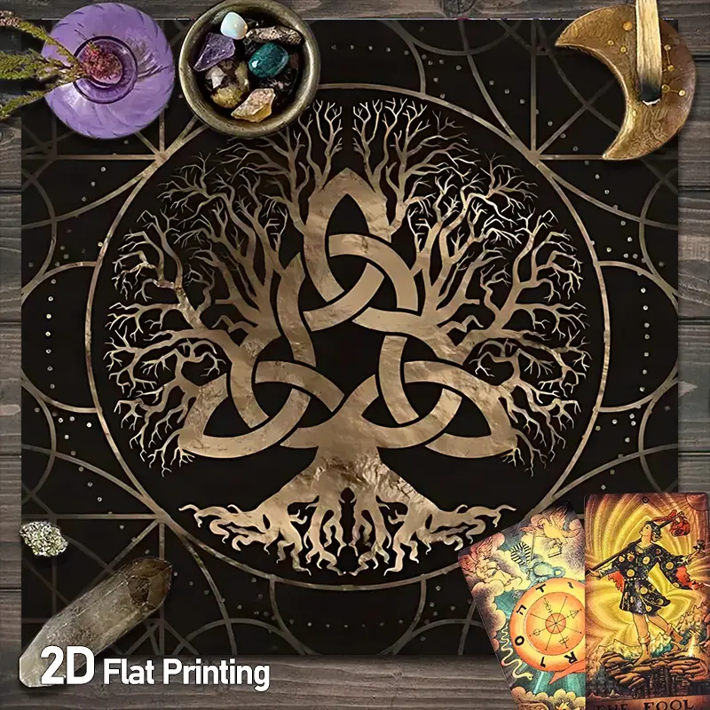 Golden Celtic Tree of Life Tarot Card Tablecloth | Ancient Knotwork Tree Altar Tablecloths | Gothic Spiritual Celtic  Pattern Gaming Tablecloth | Divination Witchcraft Astrology Oracle Cards Altar Cloths | Crystal Grid Meditation Table Cloths