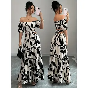 Summer Maxi Dress — Lightweight Polyester Women’s Off-Shoulder Floral Print Maxi Dress with Belt | Elegant Asymmetrical Hem, Sleeveless Vacation Dress in Black & White Floral Pattern, Cute Summer Dresses for Summer Getaways