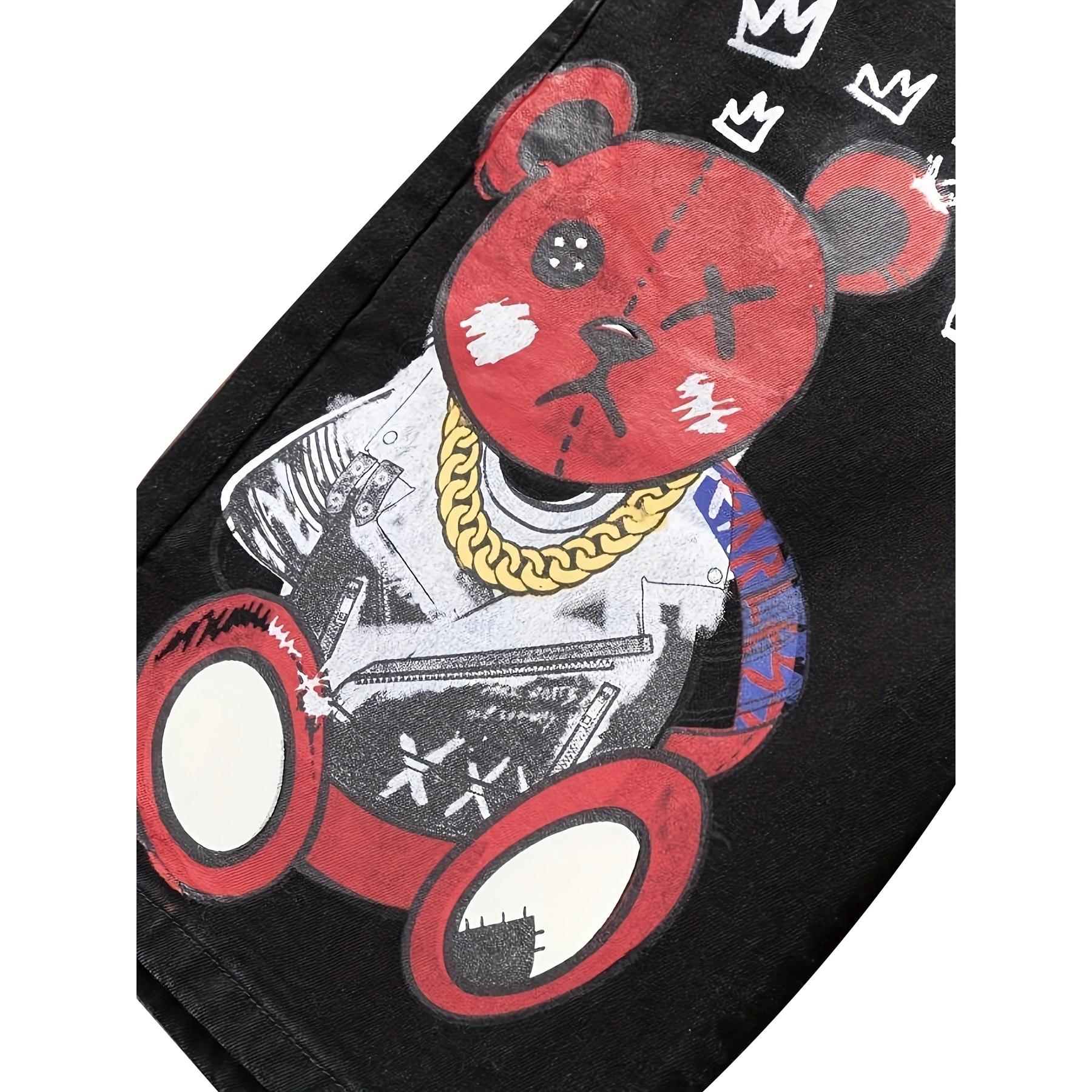 Men’s summer straight-leg black denim shorts with bear print, distressed/ripped details, European & American fashion trend
