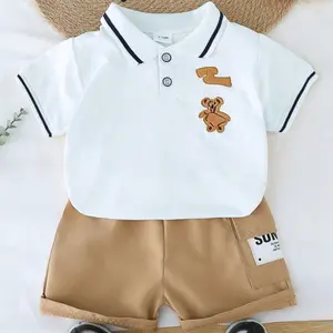 Baby Toddler Summer Fashion Clothing Cartoon Embroidered Polo Shirt Short Pants Set, Cute Casual Wear Outfit for Boys & Girls, Comfortable Cotton Material