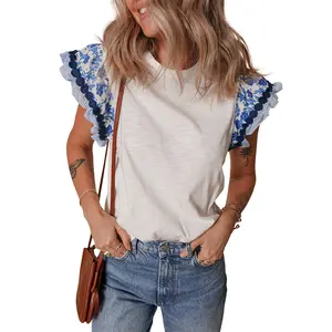 Asvivid Women's Ricrac Trim Printed Flutter Sleeve Contrast Patchwork Blouse Summer Tops