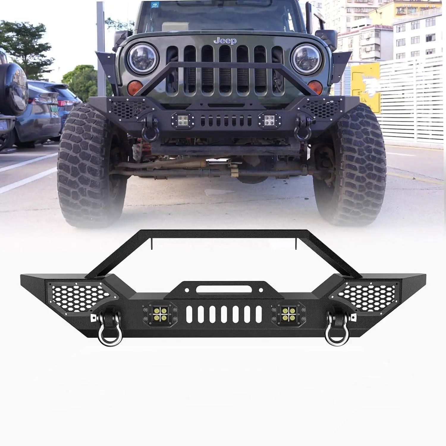 Front Bumper for 2007-2018 Jeep Wrangler JK & Unlimited JKU (2/4 Door), Heavy Duty Carbon Steel Offroad Front Bumper w/Winch Plate, LED Light Mount & D-Rings, Black Textured Powder Coated