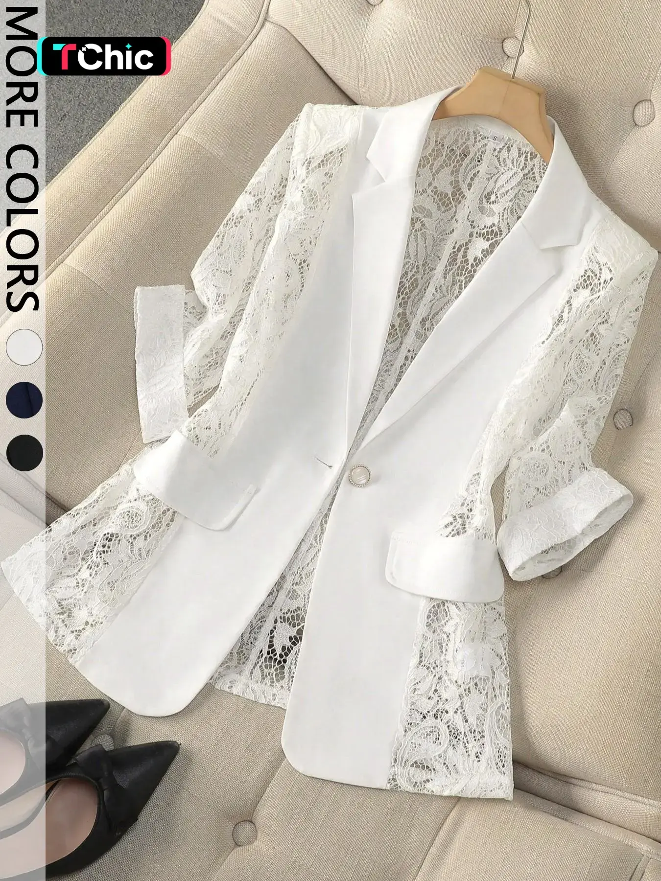 Women's Elegant Sheer Lace Panel Blazer, Chic Long-Sleeve White Jacket for Office, Business Work Clothes, Going Out & Interviews, Quiet Luxury Outerwear