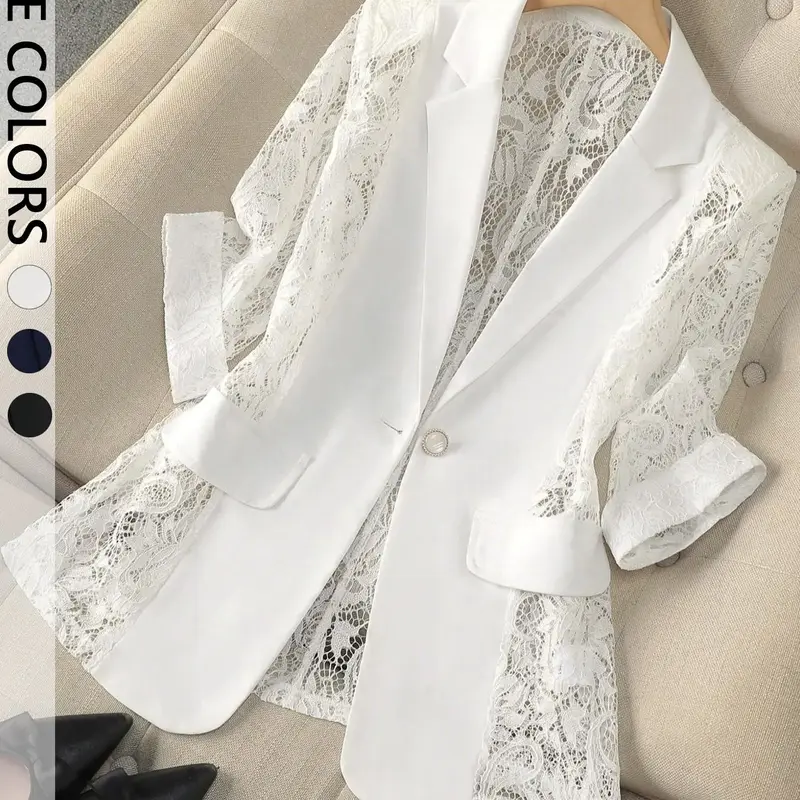 Women's Elegant Sheer Lace Panel Blazer, Chic Long-Sleeve White Jacket for Office, Business Attire Clothes, Going Out & Interviews, Quiet Luxury Outerwear