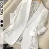 Women's Elegant Sheer Lace Panel Blazer, Chic Long-Sleeve White Jacket for Office, Business Attire Clothes, Going Out & Interviews, Quiet Luxury Outerwear