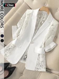 Women's Lace Panel Blazer - Sheer Lace Sleeve White Blazer for Office & Going Out | Trendy Quiet Luxury, Viral TikTok Jacket